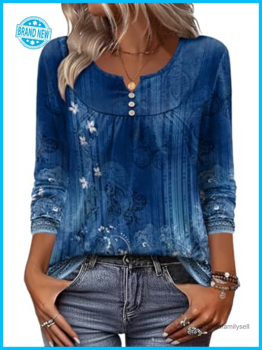 Women's Henley V-Neck Tunic Top Long Sleeve Blouse Chest Pleated Loose Fit